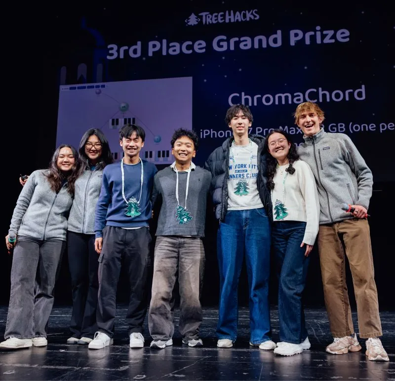ChromaChord team on stage at the TreeHacks third-place award presentation